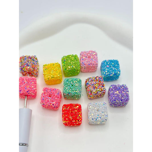 Cube Shape Acrylic Sugar Beads in Sparkling Solid Color Flakes, 16MM, Random Mix