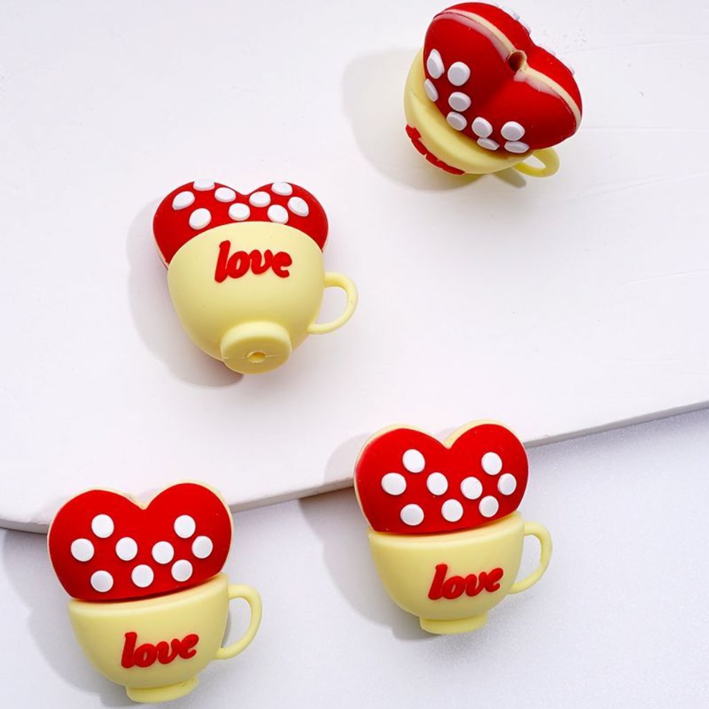 3D Cute Red Hearts Love Cups with White Spots Inside Silicone Focal Beads