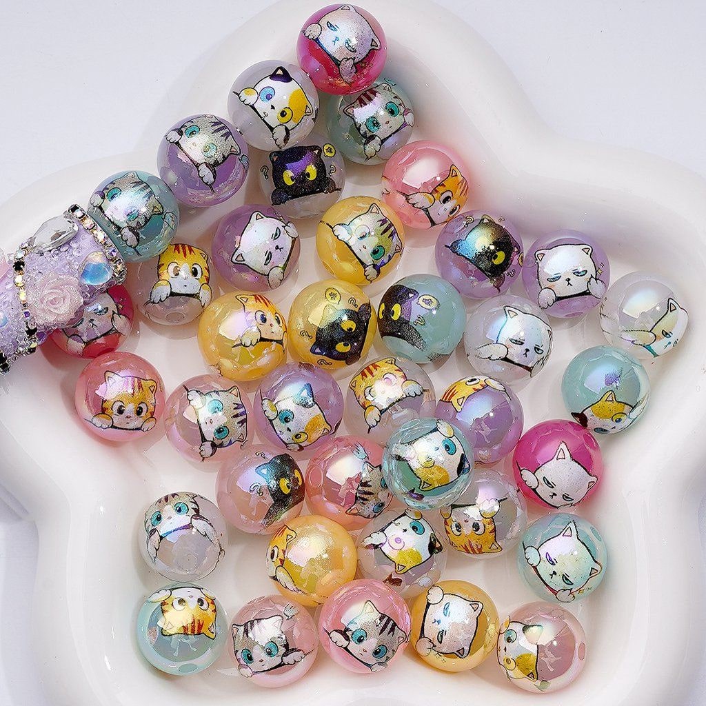 Cute Cat Jelly Beads UV Coated Acrylic in Round Shape,16MM, Random Mix