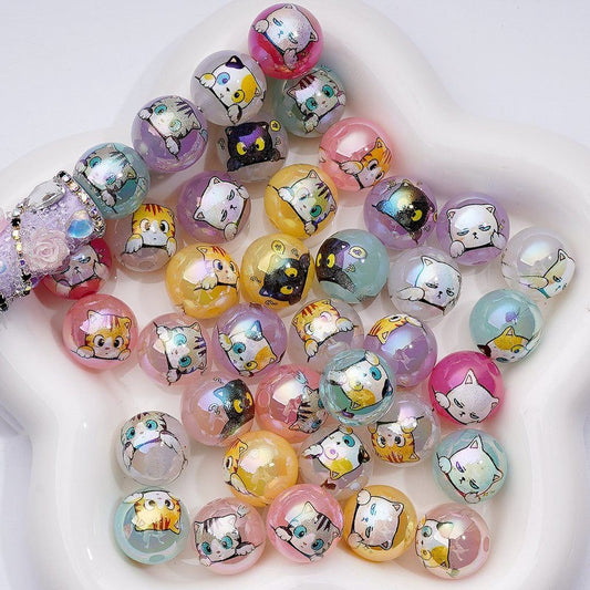Cute Cat Jelly Beads UV Coated Acrylic in Round Shape,16MM, Random Mix
