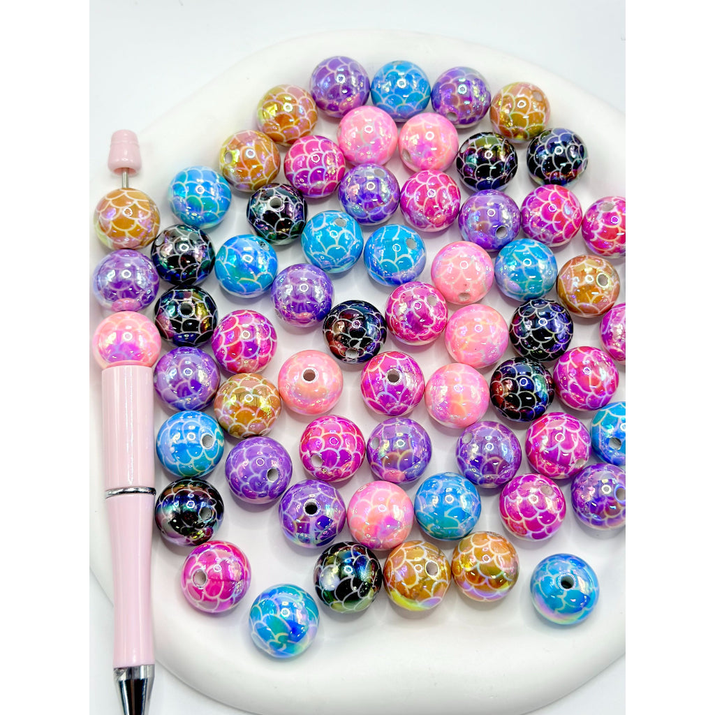 UV Coating Mermaid Prints in Solid Colors Round Acrylic Beads 16MM Random Mix