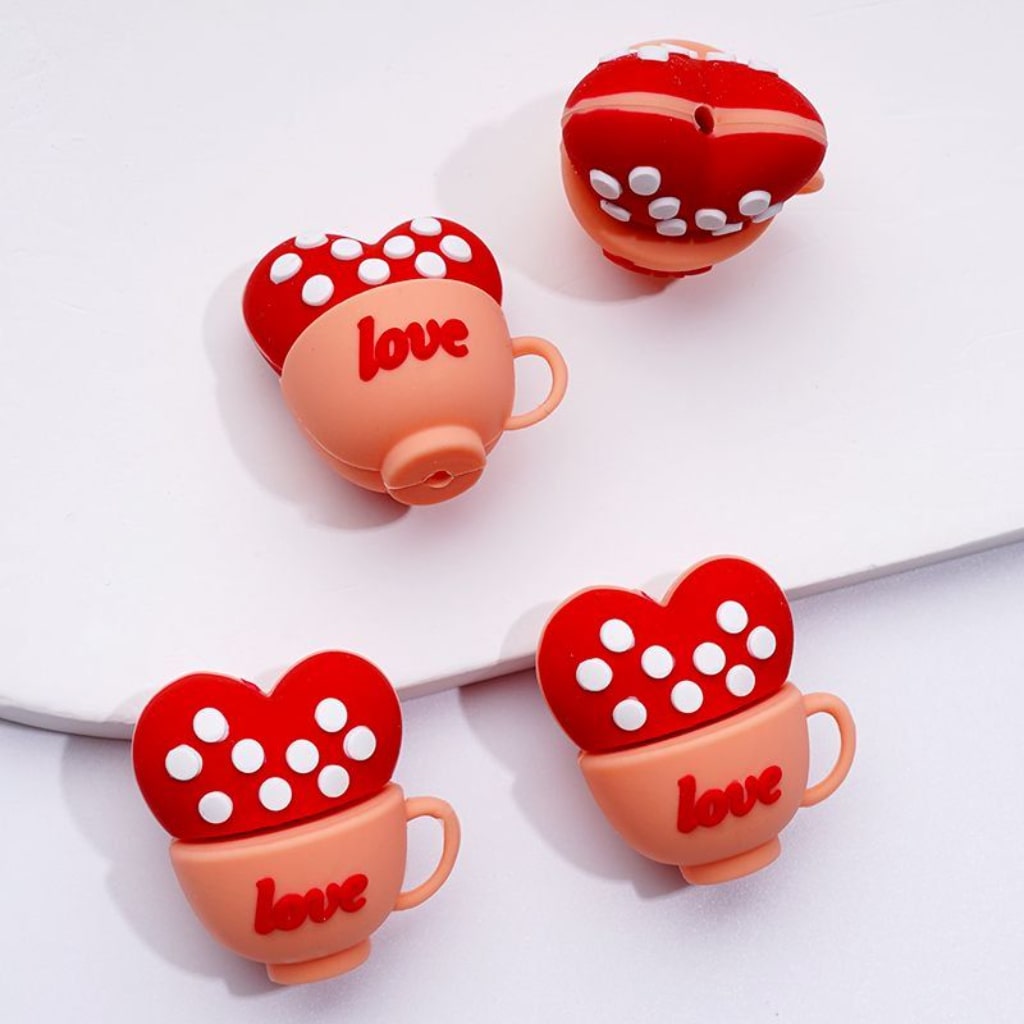 3D Cute Red Hearts Love Cups with White Spots Inside Silicone Focal Beads