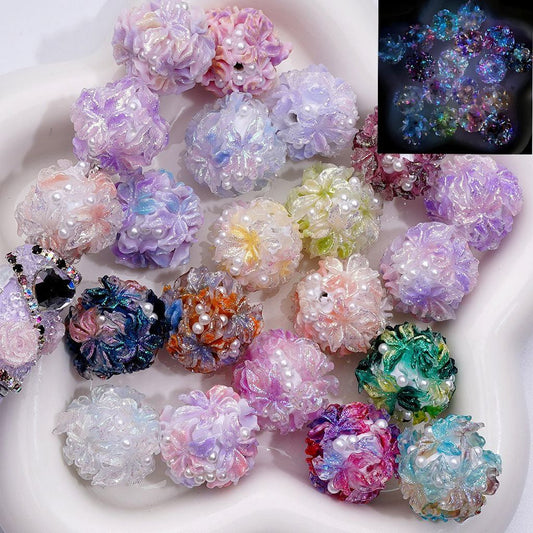 Glowing Floral Clay Beads with Sparkle Glitter and White Pearl Accents, 20MM Round – Mixed Styles