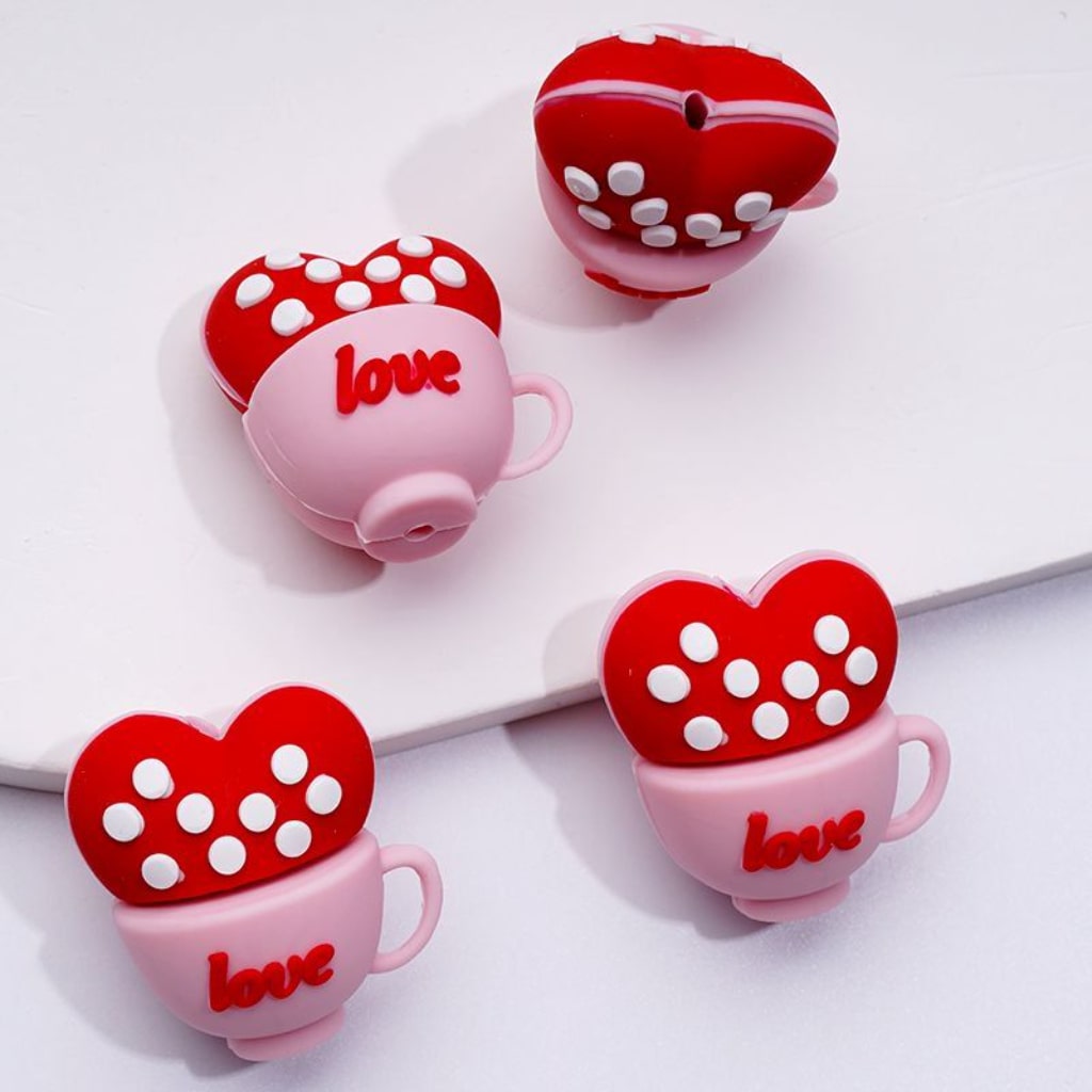 3D Cute Red Hearts Love Cups with White Spots Inside Silicone Focal Beads