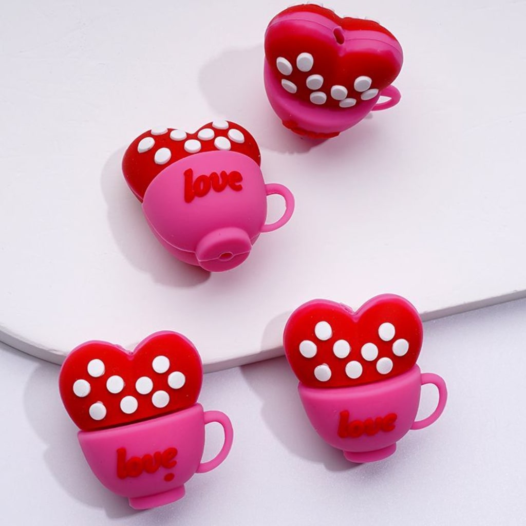 3D Cute Red Hearts Love Cups with White Spots Inside Silicone Focal Beads