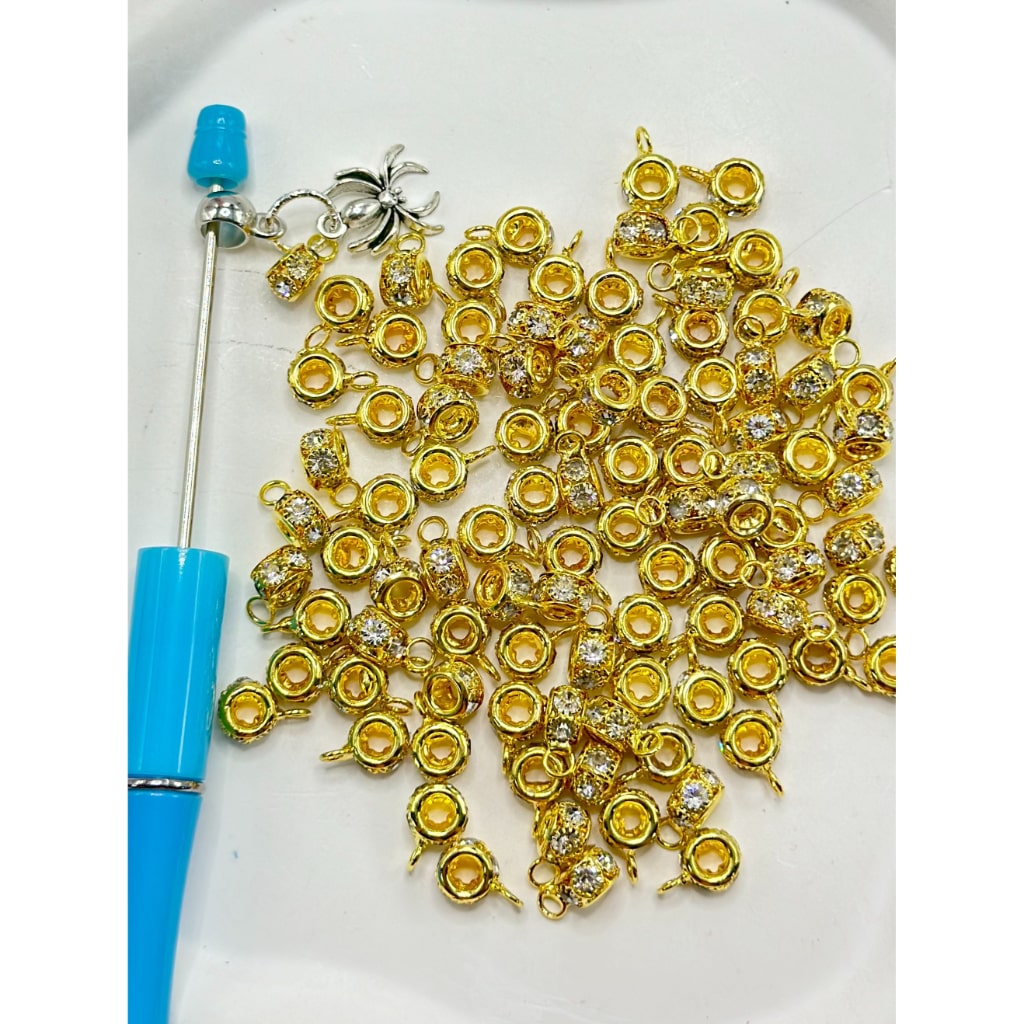 Alloy Bail Beads with Clear Rhinestone in Silver and Golden Color, 8mm Wide