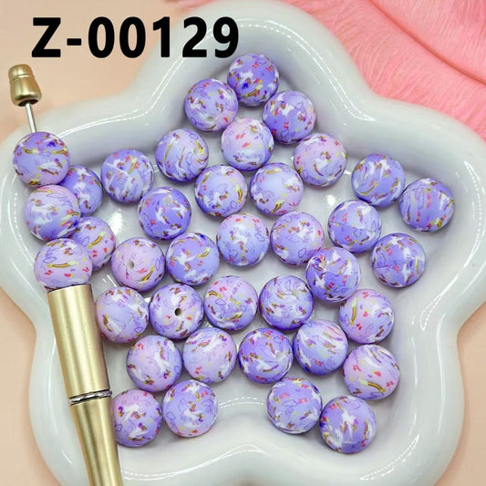 Unicorn Rainbow Light Purple Round Printed Cute Silicone Beads 15mm, Number Z-00129