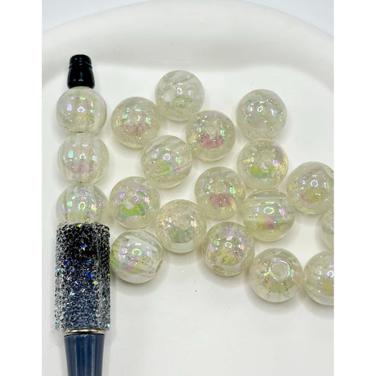 Clear AB Color White Vertical Stripes Inside Glitter Acrylic Beads, 16MM