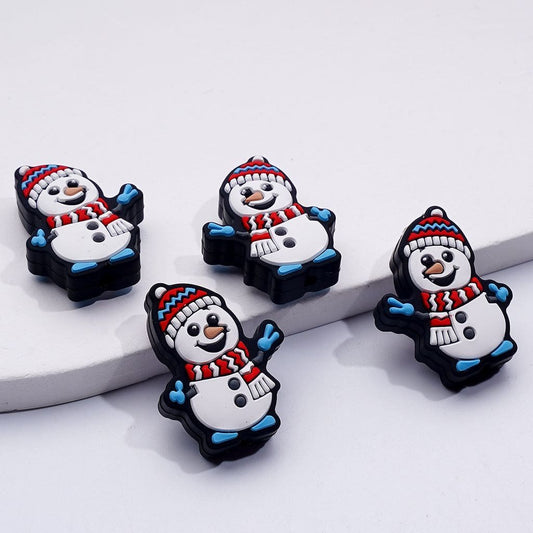 Blue Accented Snowman Silicone Beads with Scarf, Hat, and Gloves Details