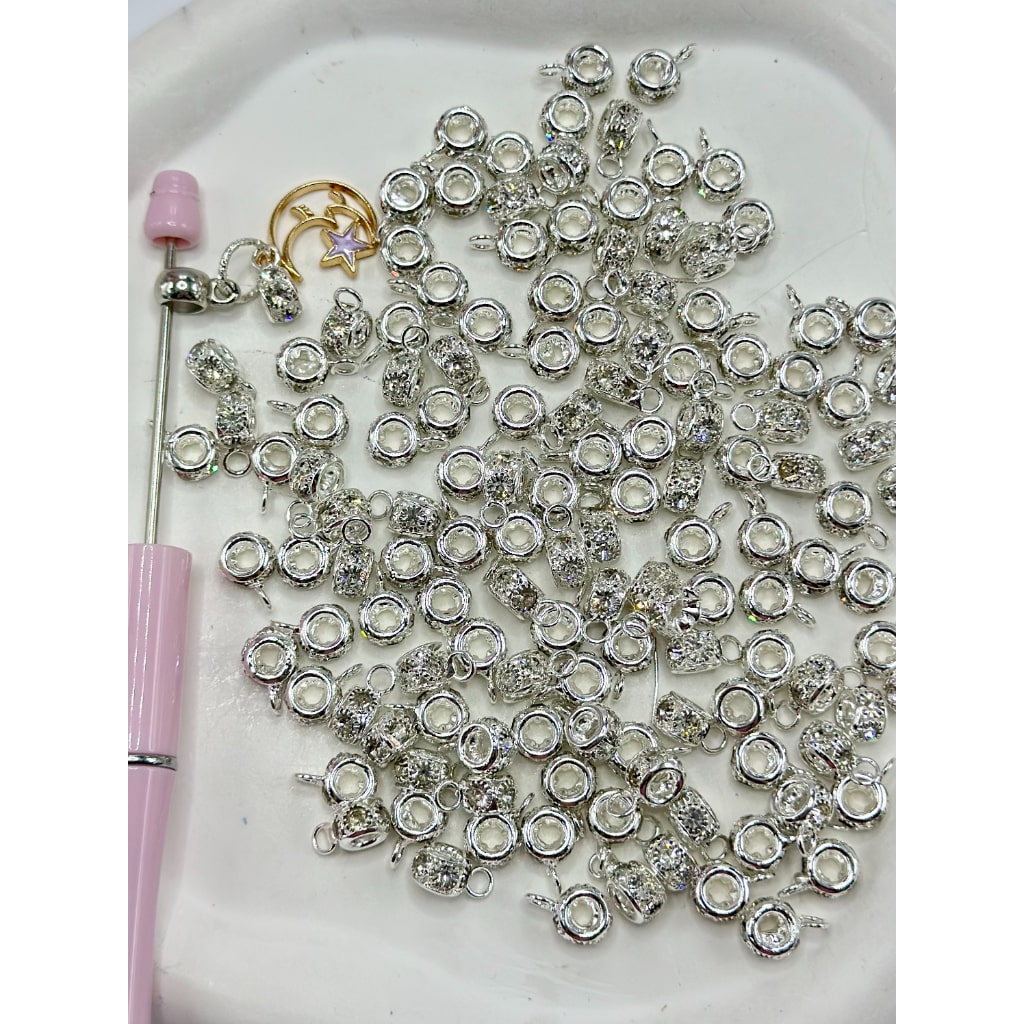 Alloy Bail Beads with Clear Rhinestone in Silver and Golden Color, 8mm Wide