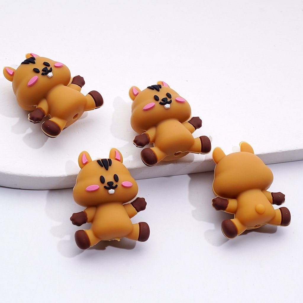 Cute 3D Brown Silicone Focal Beads with Bunny, Rabbit, Squirrel & Beaver Animal Shapes