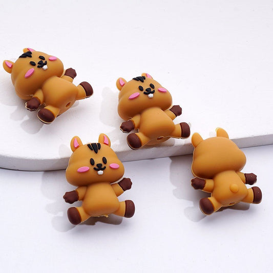 Cute 3D Brown Silicone Focal Beads with Bunny, Rabbit, Squirrel & Beaver Animal Shapes