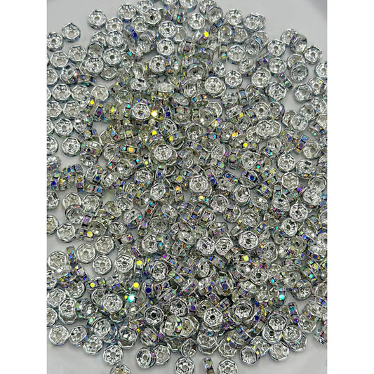 Flat Round Metal Spacers with AB Color Rhinestones,Not for Pen, Random Mix Color, 6MM