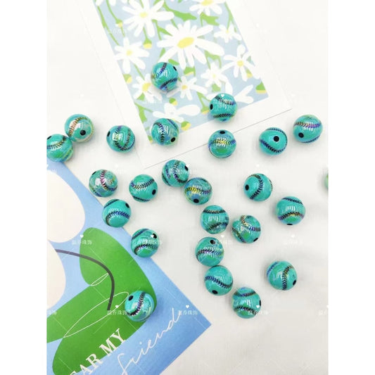 Teal Baseball Round UV Coating Acrylic Beads, 16MM