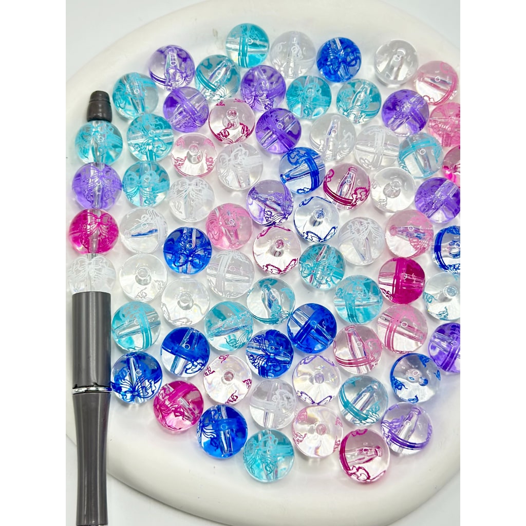 Bowtie Print Clear Acrylic Beads, Random Mix, 16MM