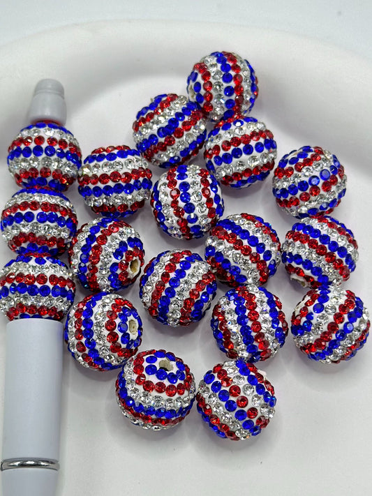 American Flag Colors Rhinestones White Round Clay Beads, 16mm, Random Mix