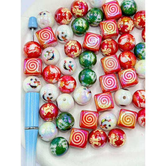 Snowman Face Tree Square Cube Round Bling Bling Christmas Theme Acrylic Beads, Random Mix, Please Read the Description