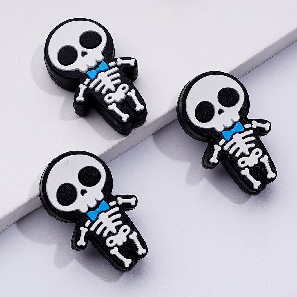 Eerie Skeleton Skull Silicone Focal Beads – Pink Bowknot & Blue Bow Tie for a Bold Contrast