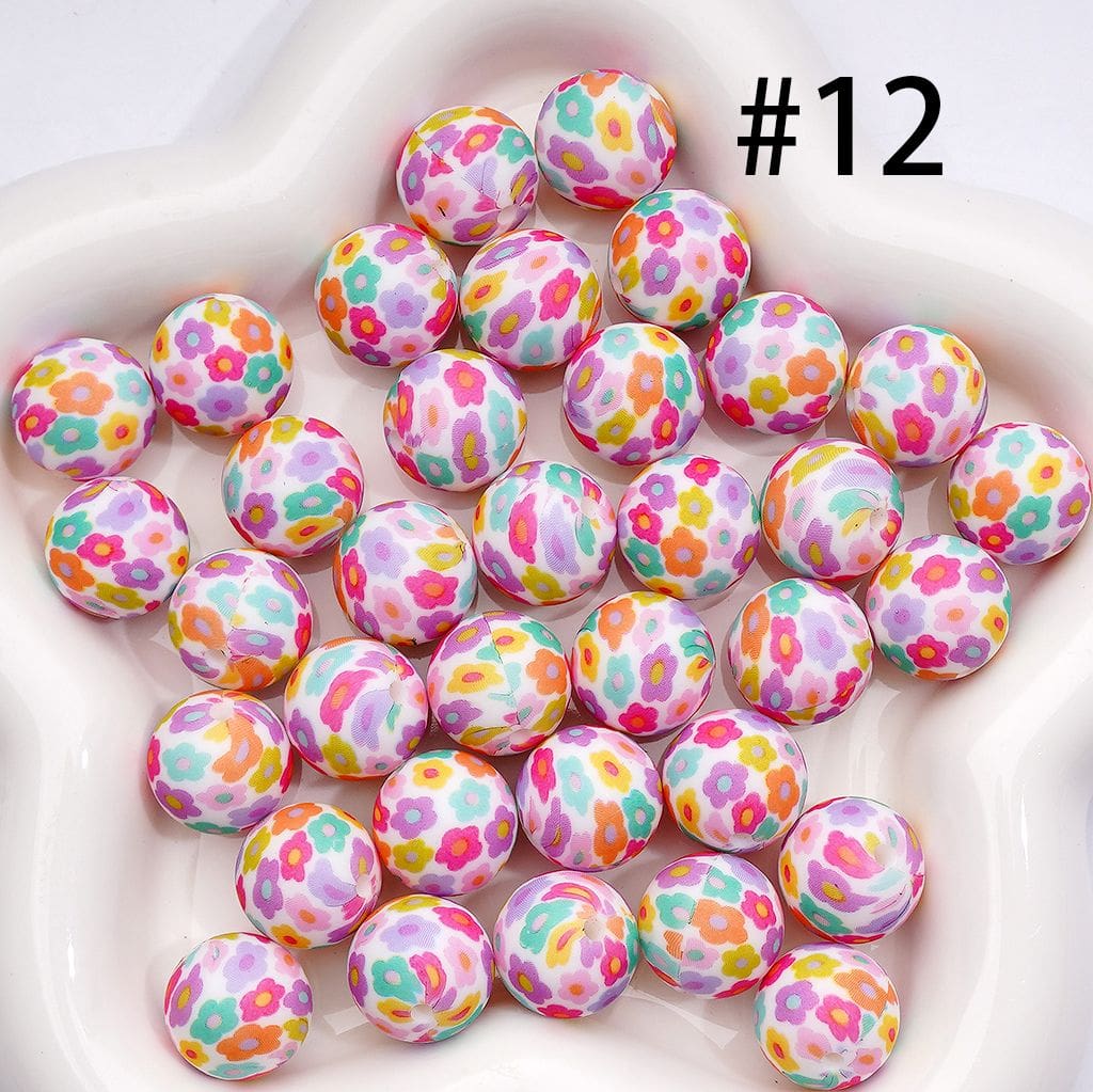 White Base with Multicolor Cute Mini Flowers Prints, 15MM Silicone Beads Bright Random Mix