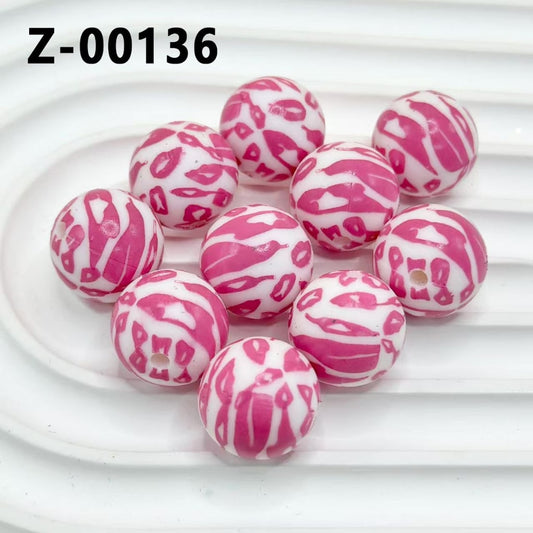 Round Printed Red Lips White Silicone Beads 15mm, Number Z-00136