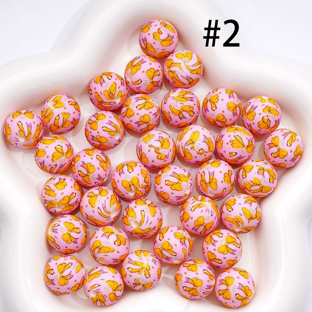 Cute Yellow Bowknot & Flower Print Pink Printed Round Silicone Beads 15mm