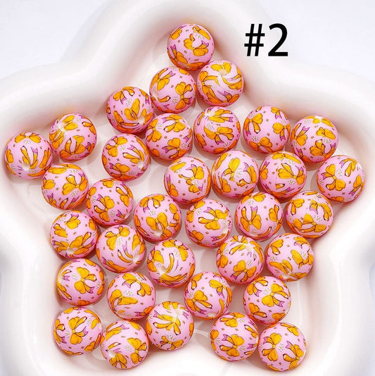 Cute Yellow Bowknot & Flower Print Pink Printed Round Silicone Beads 15mm