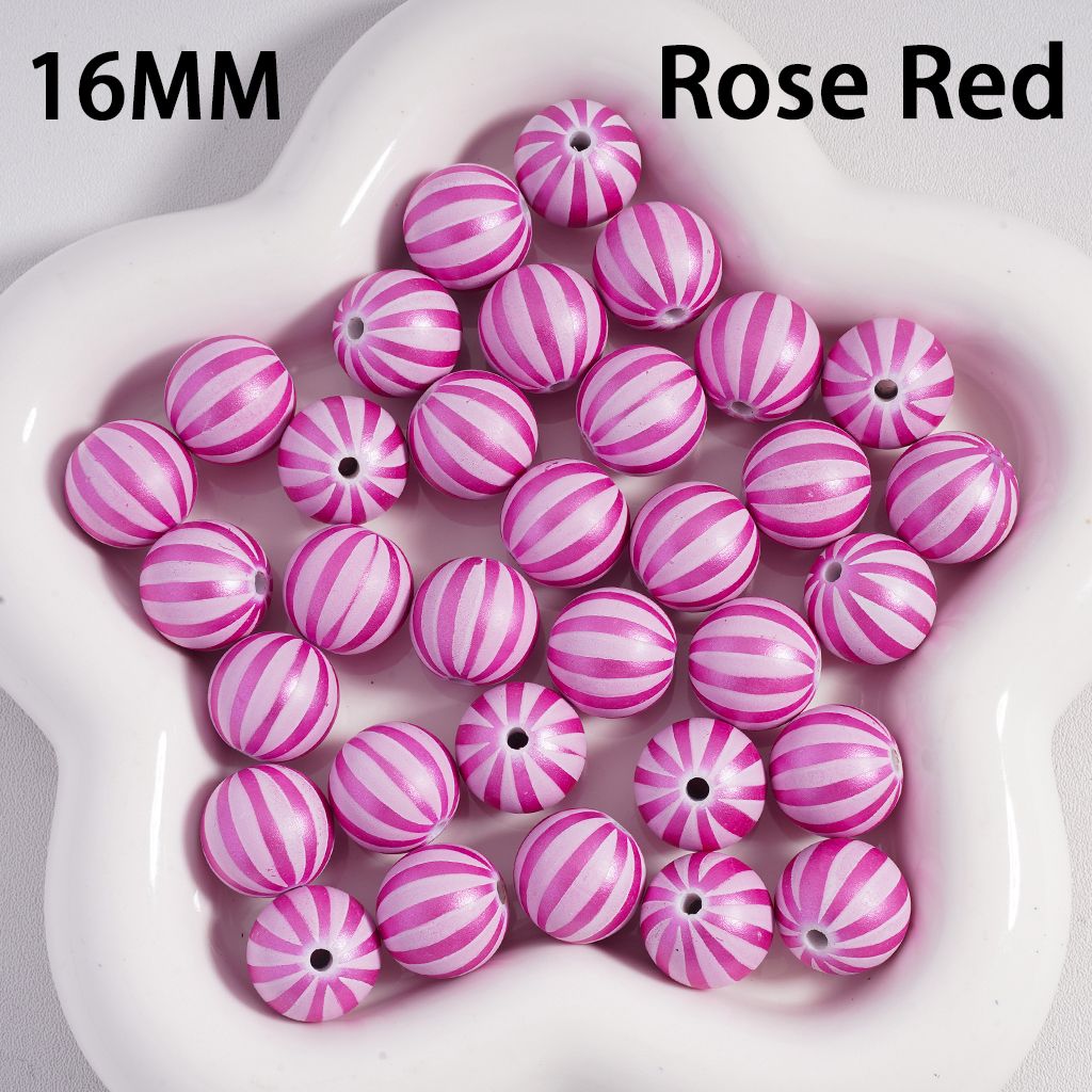 Metallic Watermelon Stripe Design Round Acrylic Beads 16MM