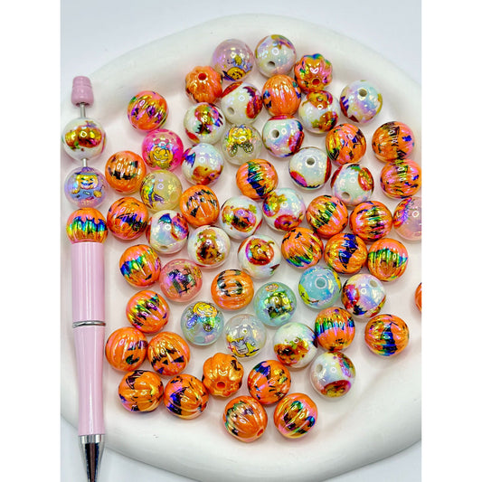 Bat Round Halloween Pumpkin Acrylic Beads, Random Mix, 16MM