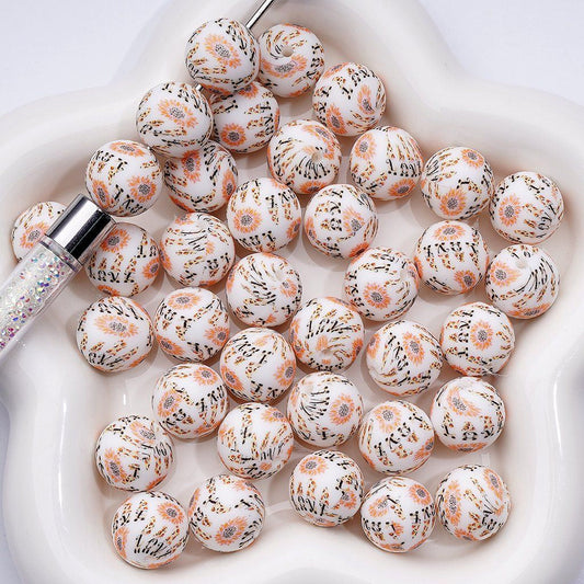 "Adorable White Sunflower Print Silicone Beads 15MM Decorative Craft (Z-00225)
