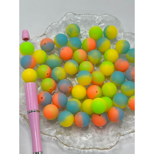Luminous Round Multi-Color Silicone Beads with Abstract Design, Glow in the Dark, 15mm