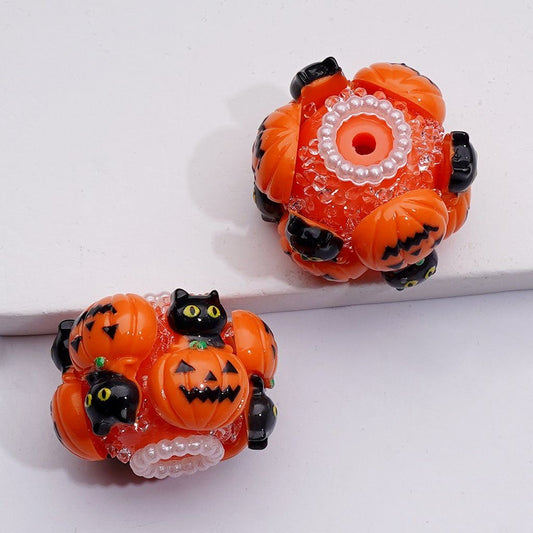 Ghost Face Pumpkin Orange Color Halloween Little Black Cat Clear Sugar White Pearls Loop Acrylic Beads, Around 22*18MM
