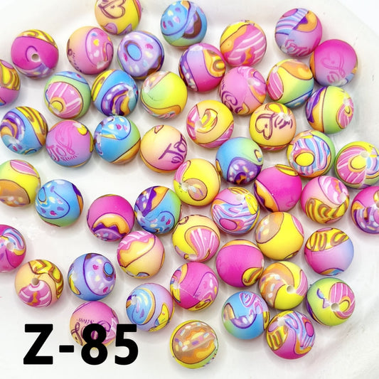 Colorful Abstract Design Round Printed Love Heart Silicone Beads 15mm, Number Z-85