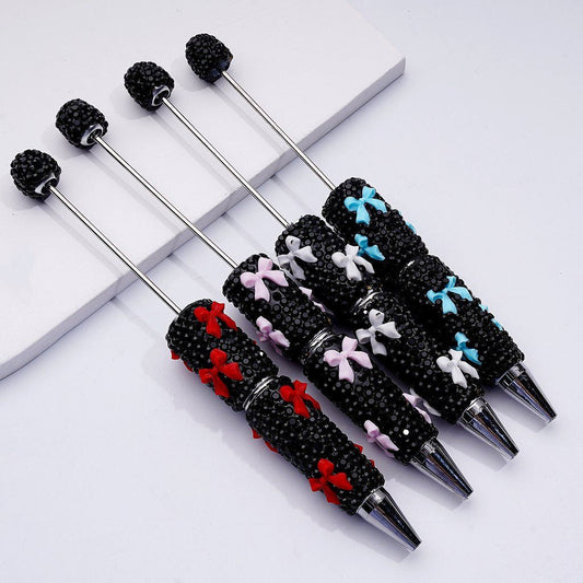 Colorful Clay Pen with Bowknots Beadable Design with Black Rhinestones in Pink, Red, Blue & White