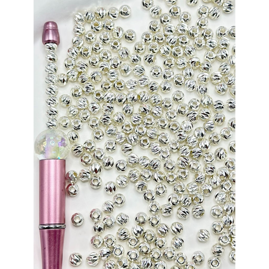 Carved Stripes with Small Silver Alloy Metal Round Beads, 6MM