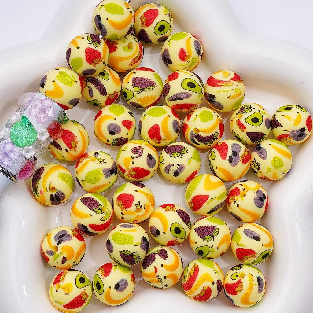 Bright Yellow Fruit Print Silicone Beads Vibrant 15MM Craft Decor (Z-00223)