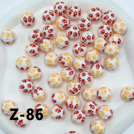 Round Red Orange Color Paw Prints Printed Silicone Beads 15mm, Number Z-86