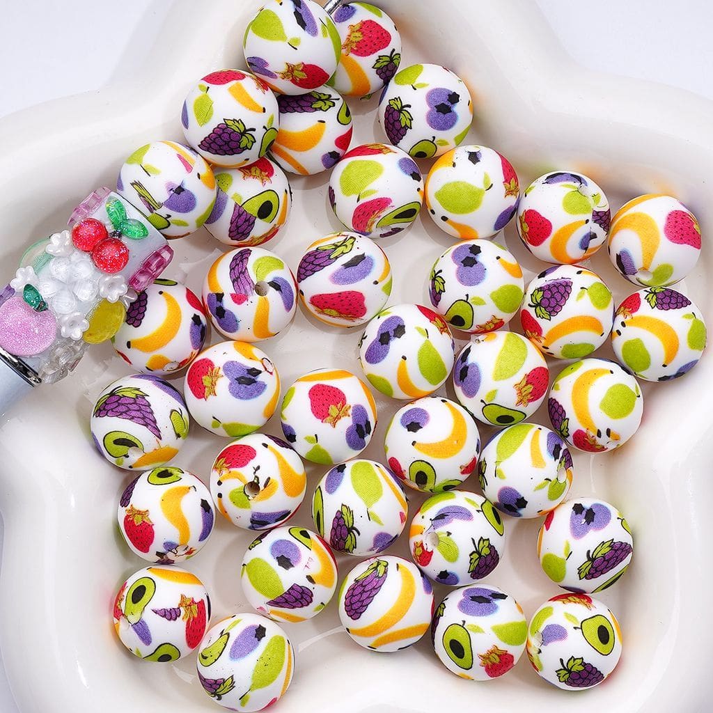 Bright & Playful White Fruit Print Silicone Beads 15MM Decorative Craft (Z-00224)