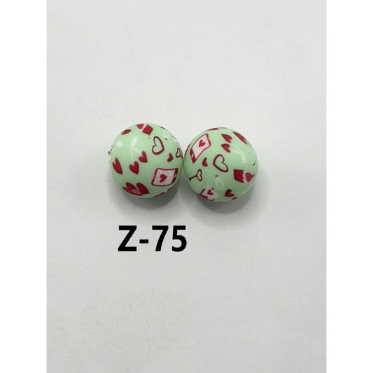 Printed Red Heart Print Teal Round Silicone Beads 15mm, Number Z-75