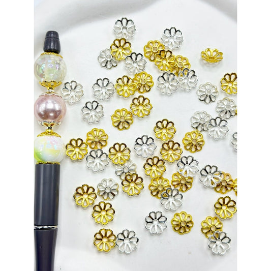 Gold & Silver Beadable Metal Flower End Spacer Cap Beads, 11MM