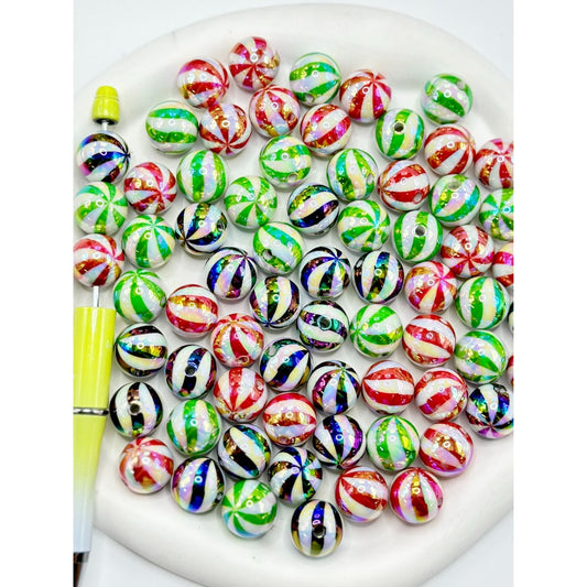 UV Coating Black Red Green Crooked Stripes Round Acrylic Beads, 16MM