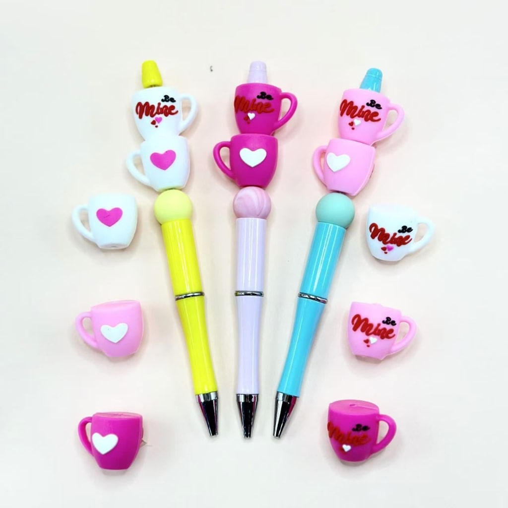 Pink White 3D Mini Cute Rose Red Cup with Heart Be Mine Silicone Focal Beads