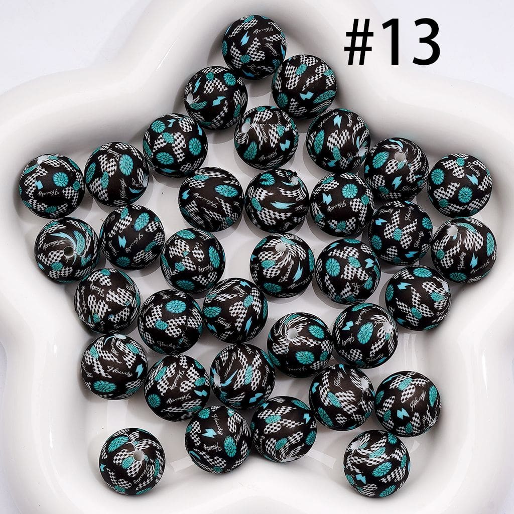 Black & White Grid with Teal Flower & Bowknot Prints, Chic 15MM Silicone Beads Random Mix