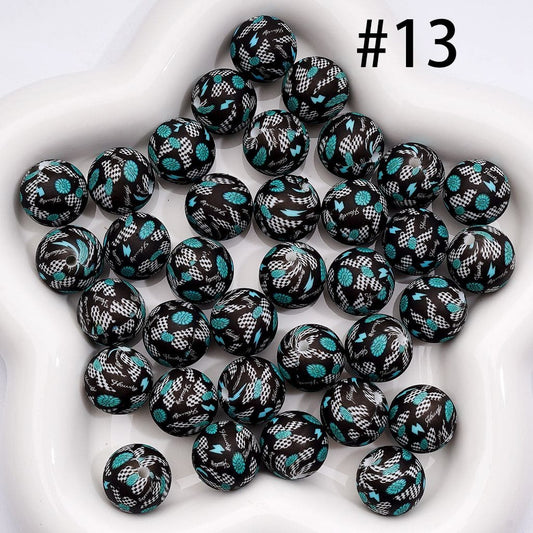 Black & White Grid with Teal Flower & Bowknot Prints, Chic 15MM Silicone Beads Random Mix