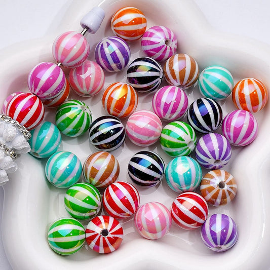 UV-Coated Acrylic Beads – Vibrant Watermelon Stripes Design – 16MM Assorted Mix
