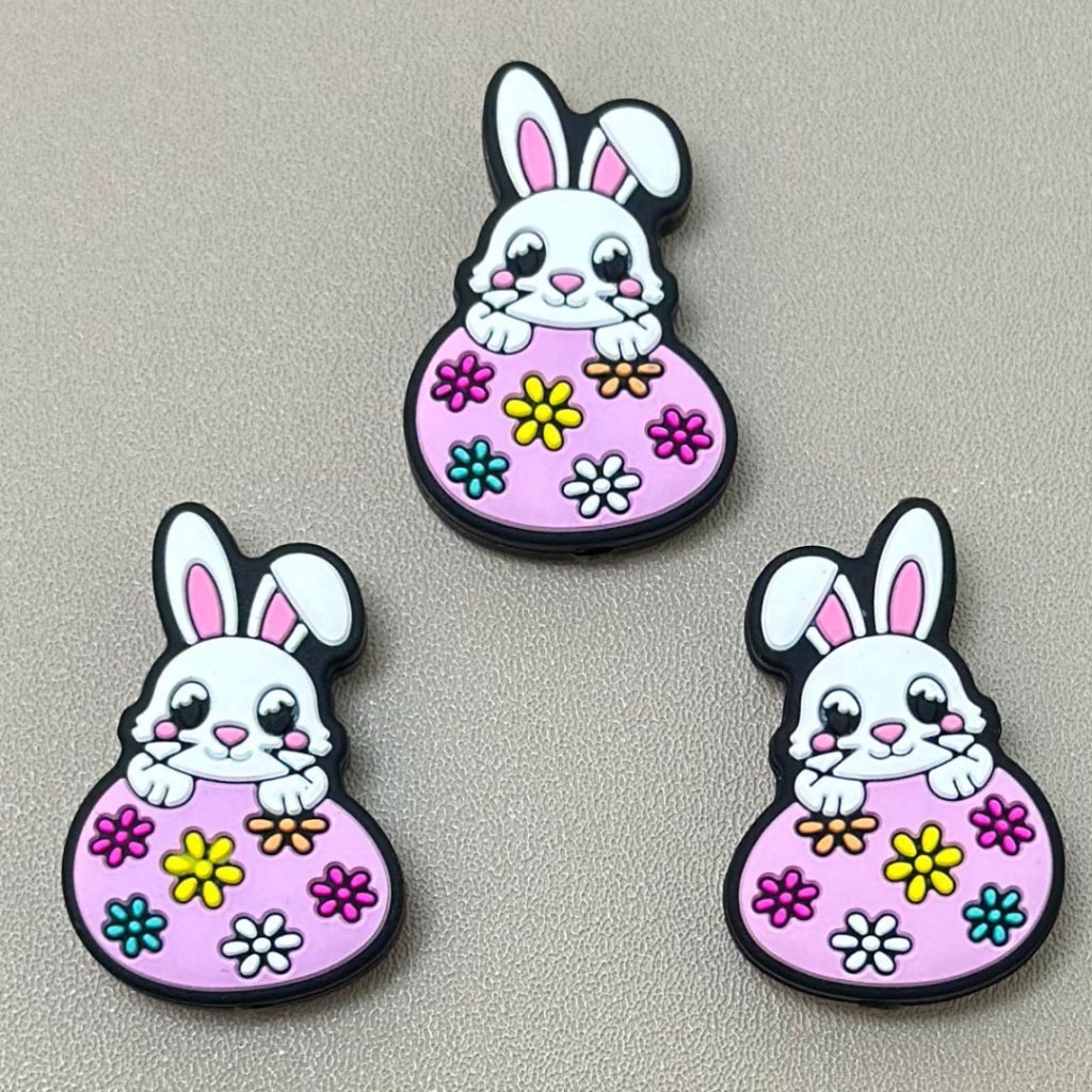 Bunny Rabbit Lies on a Pink Flower Prints Little Cute Colorful Egg Easter Silicone Focal Beads