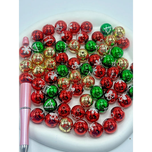 Round Christmas Pattern Acrylic Beads, Random Mix, 16MM