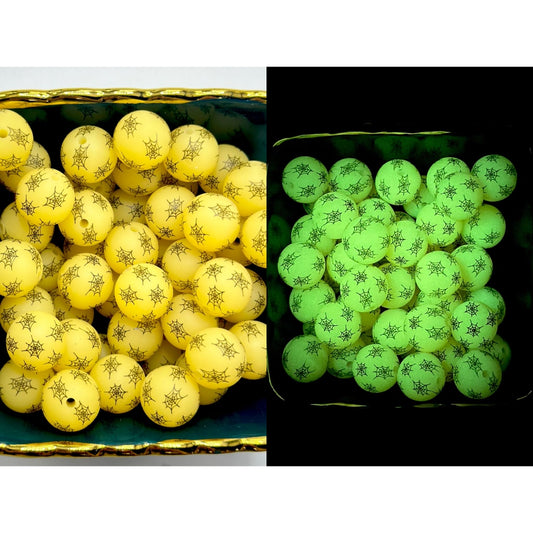 Yellow Round Printed Luminous Spider Net Pattern Silicone Beads 15mm, Number Z-49