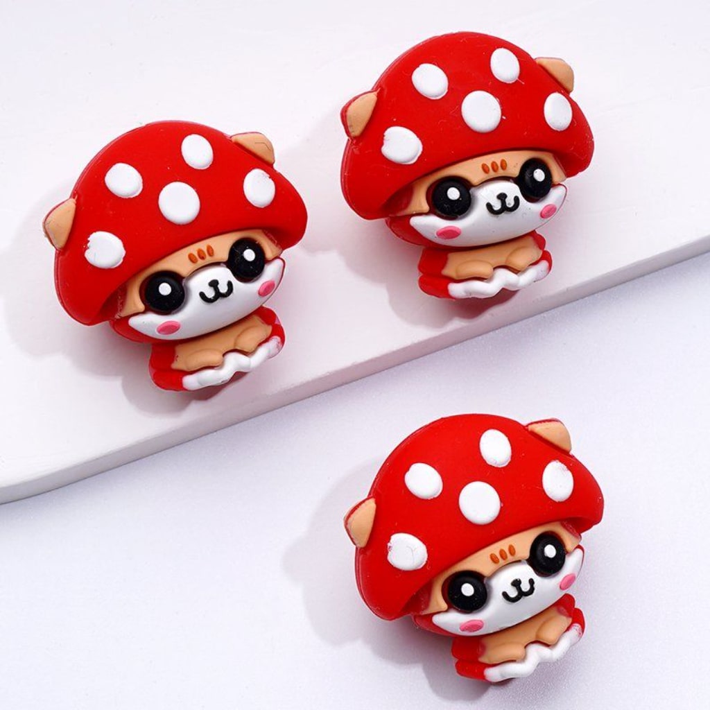 3D Puppies Cute Dogs Animal with Mushroom Hats Caps Silicone Focal Beads