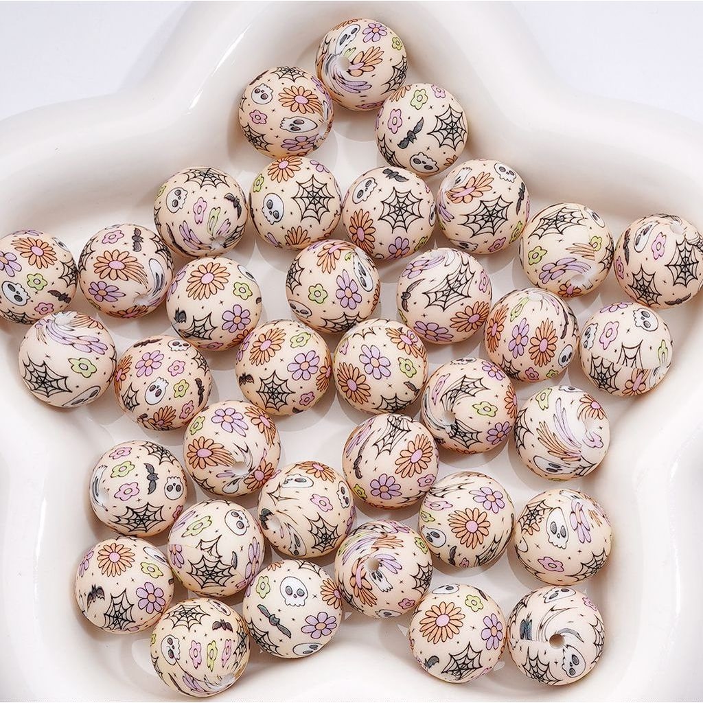Colorful Flower Spider Web Spirit Skeleton Bat Halloween Printed Silicone Beads 15MM, Number Z-00274