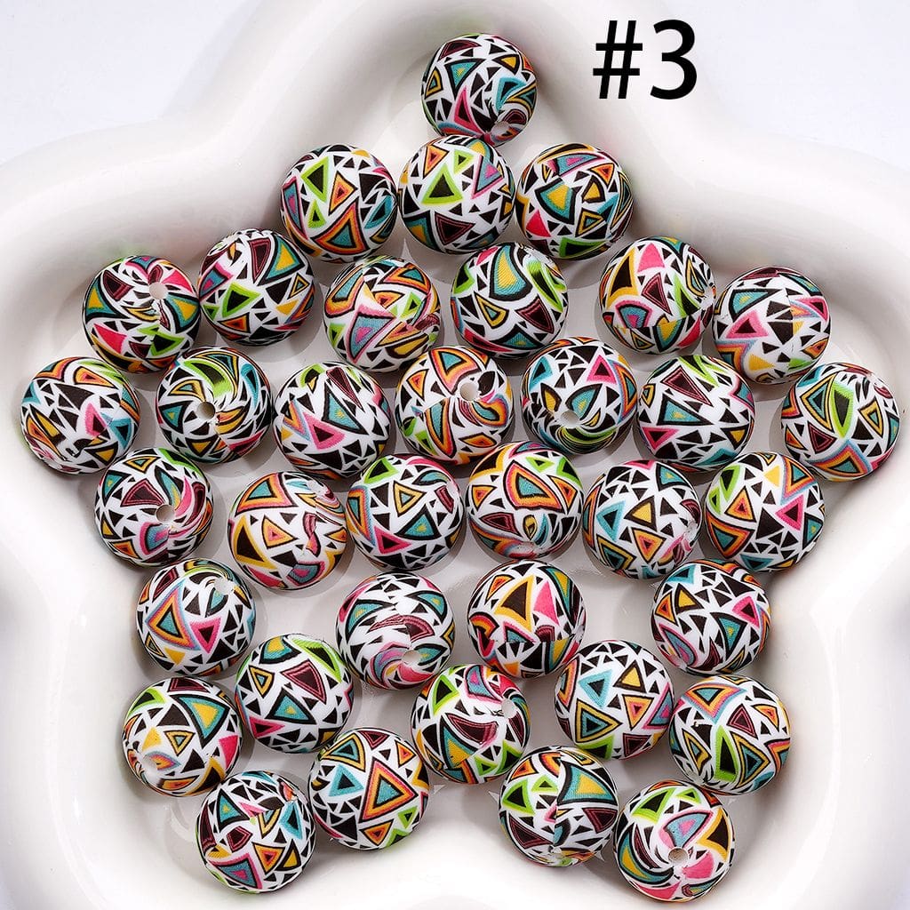 Multi Color Abstract Triangle Geometric Print on White Round Printed Silicone Beads 15mm